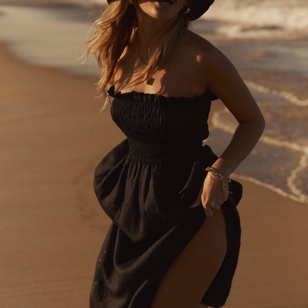DISSH Thea black shirred midi linen dress